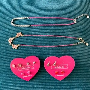 EUC Stella & dot butterfly and rhinestone necklaces. 5 pair of earrings. Lot.